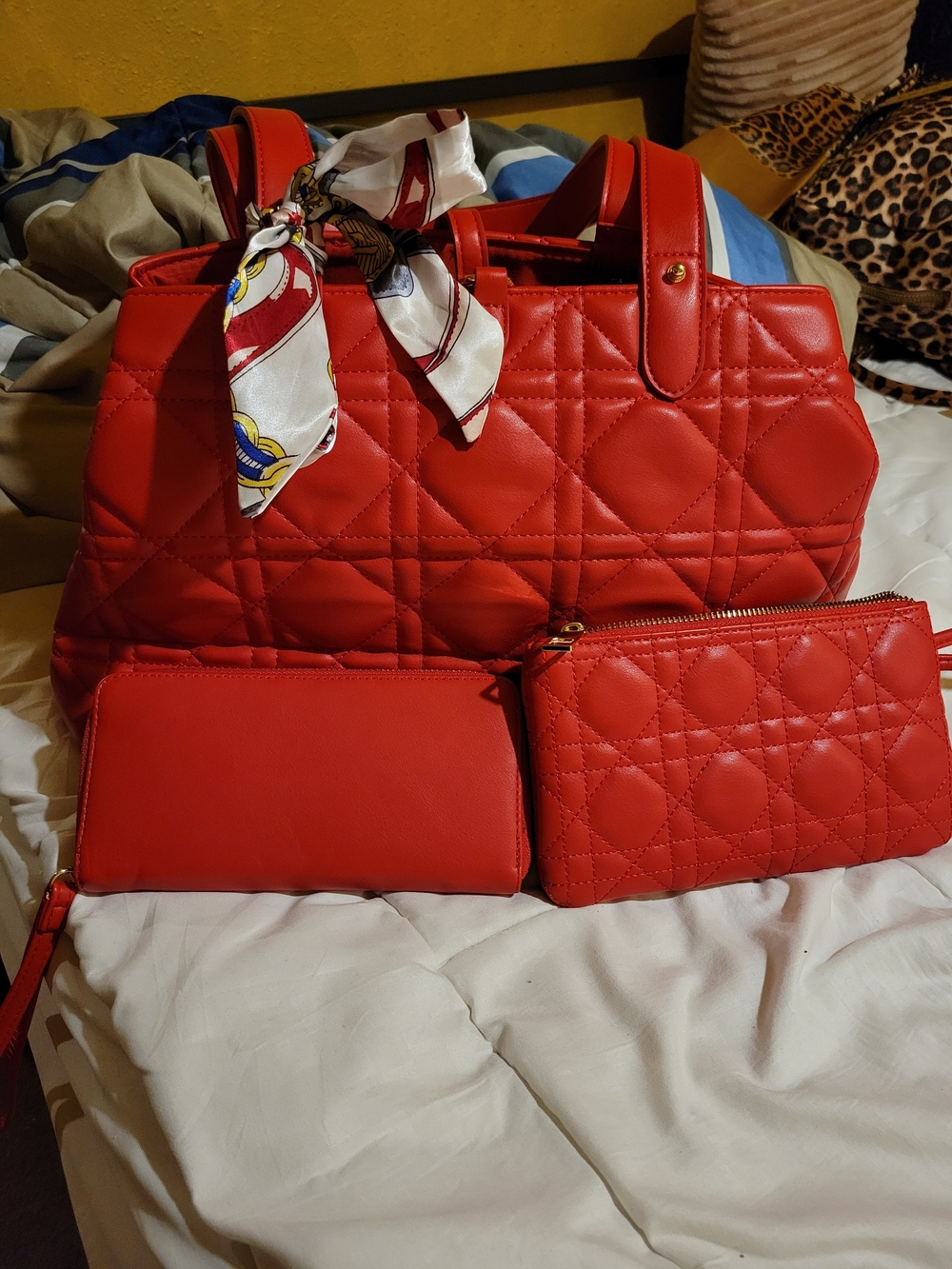 Red Quilted Tote Bag with Matching Pouches - Women's Bag